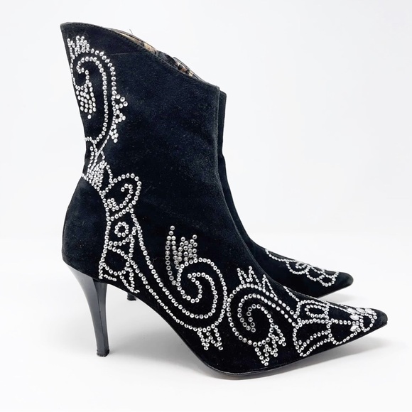 Beverly Feldman Shoes - Beverly Feldman Black Suede Rhinestone Studded Pointed Toe Stiletto Heel Boot 8